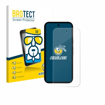 Front side of a product packaging with the brand logo BROTECT. Next to it is the device Google Pixel 10a shown with the corres