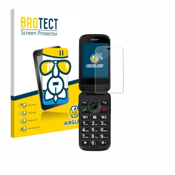 Front side of a product packaging with the brand logo BROTECT. Next to it is the device Simvalley Mobile XL-970 shown with the