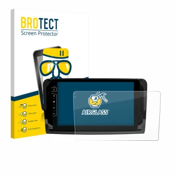 Front side of a product packaging with the brand logo BROTECT. Next to it is the device Dynavin D9-DF432 9