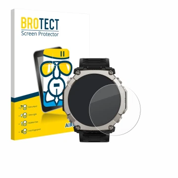 Front side of a product packaging with the brand logo BROTECT. Next to it is the device Huami Amazfit T-Rex Ultra 2 shown with