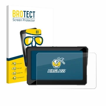 Front side of a product packaging with the brand logo BROTECT. Next to it is the device Carpuride W702 Plus 7
