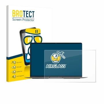 Front side of a product packaging with the brand logo BROTECT. Next to it is the device Geekom GeekBook X14 Pro shown with the