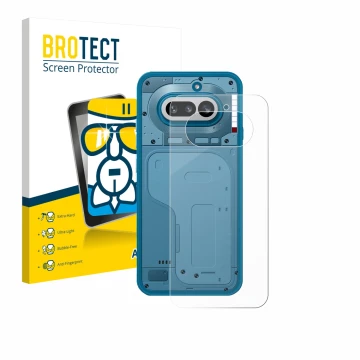 Front side of a product packaging with the brand logo BROTECT. Next to it is the device Nothing Phone (4a) (Back) shown with t