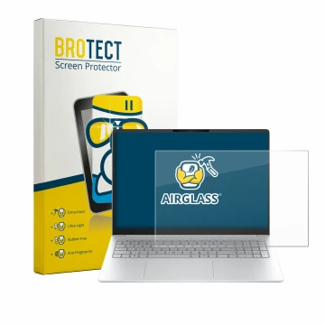 Front side of a product packaging with the brand logo BROTECT. Next to it is the device HP OmniBook 3 16 16-bw0750ng shown wit