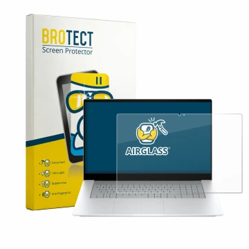 Front side of a product packaging with the brand logo BROTECT. Next to it is the device HP OmniBook X 17-de0776ngx shown with 