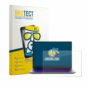 Front side of a product packaging with the brand logo BROTECT. Next to it is the device MEDION Avantum 14 E1e shown with the c