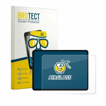 Front side of a product packaging with the brand logo BROTECT. Next to it is the device OnePlus Pad 4 shown with the correspon