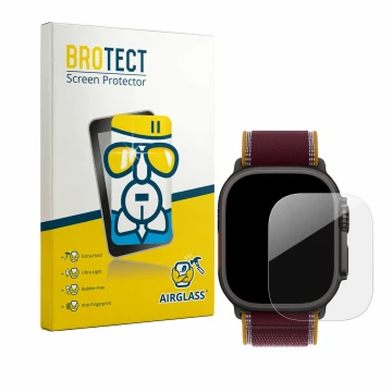 Front side of a product packaging with the brand logo BROTECT. Next to it is the device Apple Watch Ultra 4 (49 mm) shown with