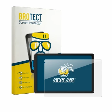 Front side of a product packaging with the brand logo BROTECT. Next to it is the device Laptok Tablet 10.1