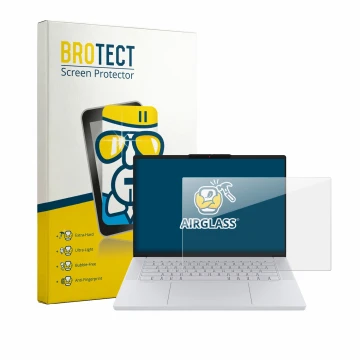 Front side of a product packaging with the brand logo BROTECT. Next to it is the device Lenovo Googlebook 15 shown with the co