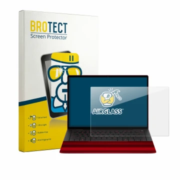 Front side of a product packaging with the brand logo BROTECT. Next to it is the device HP Scuderia Ferrari Notebook shown wit