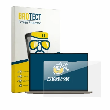 Front side of a product packaging with the brand logo BROTECT. Next to it is the device Dell XPS Googlebook shown with the cor
