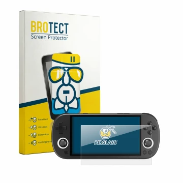 Front side of a product packaging with the brand logo BROTECT. Next to it is the device Trimui Smart Pro shown with the corres
