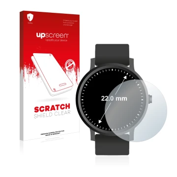 Front side of a product packaging with the brand logo upscreen. Next to it is the device Watches (Circular, ø: 22 mm) shown wi