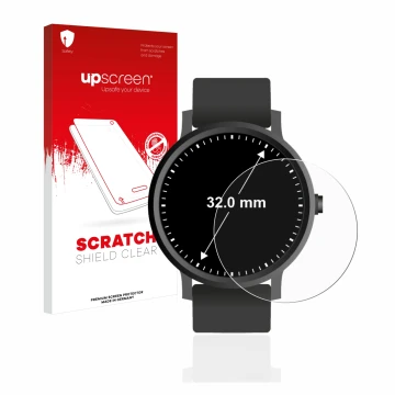 Front side of a product packaging with the brand logo upscreen. Next to it is the device Watches (Circular, ø: 32 mm) shown wi