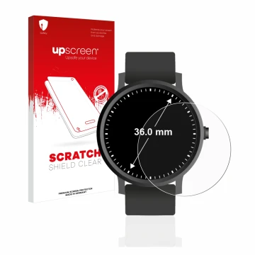 Front side of a product packaging with the brand logo upscreen. Next to it is the device Watches (Circular, ø: 36 mm) shown wi