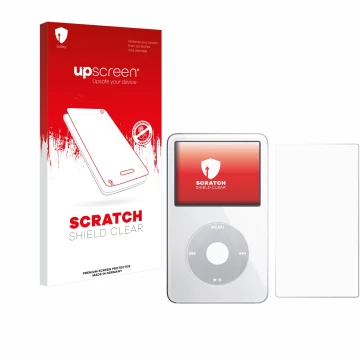 Front side of a product packaging with the brand logo upscreen. Next to it is the device Apple iPod Classic Video (Front+Back)