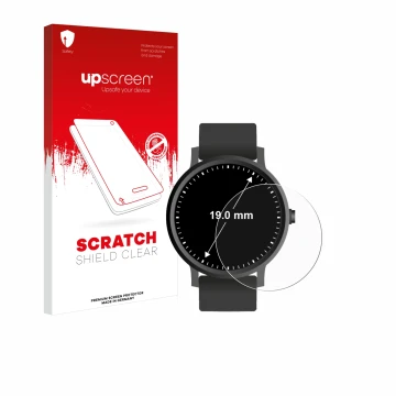 Front side of a product packaging with the brand logo upscreen. Next to it is the device Watches (Circular, ø: 19 mm) shown wi