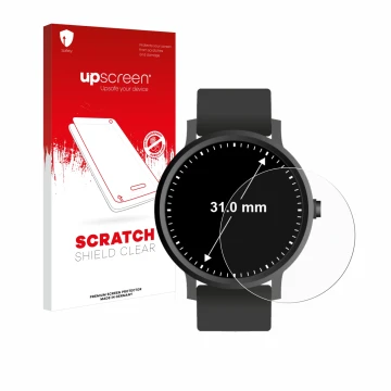 Front side of a product packaging with the brand logo upscreen. Next to it is the device Watches (circular, ø: 31 mm) shown wi