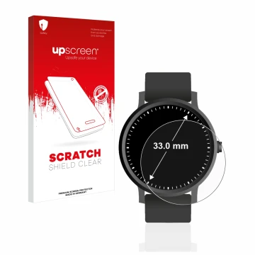 Front side of a product packaging with the brand logo upscreen. Next to it is the device Watches (Circular, ø: 33 mm) shown wi
