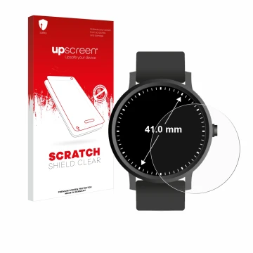 Front side of a product packaging with the brand logo upscreen. Next to it is the device Watches (Circular, ø: 41 mm) shown wi