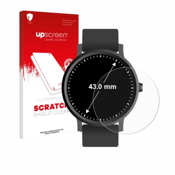 Front side of a product packaging with the brand logo upscreen. Next to it is the device Watches (Circular, ø: 43 mm) shown wi