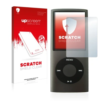 Front side of a product packaging with the brand logo upscreen. Next to it is the device Apple iPod nano (4th Gen.) shown with