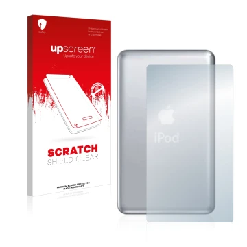 Front side of a product packaging with the brand logo upscreen. Next to it is the device Apple iPod classic 120 GB (Back, 7th 