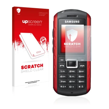 Front side of a product packaging with the brand logo upscreen. Next to it is the device Samsung B2100 shown with the correspo