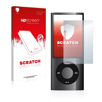 Front side of a product packaging with the brand logo upscreen. Next to it is the device Apple iPod nano 2009 (5th. Gen.) show