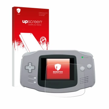 Front side of a product packaging with the brand logo upscreen. Next to it is the device Nintendo Gameboy Advance GBA shown wi