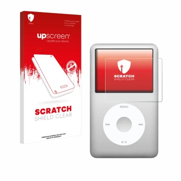 Front side of a product packaging with the brand logo upscreen. Next to it is the device Apple iPod classic 160 GB (7th Gen.) 