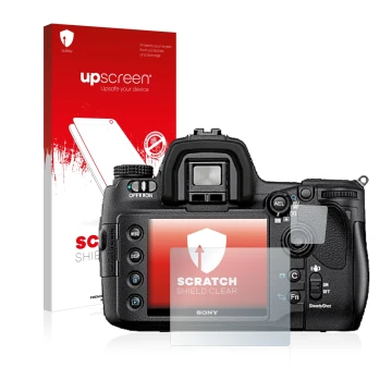 Front side of a product packaging with the brand logo upscreen. Next to it is the device Sony Alpha 850 (DSLR-A850) shown with