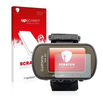 Front side of a product packaging with the brand logo upscreen. Next to it is the device Garmin Foretrex 401 shown with the co