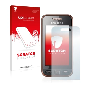 Front side of a product packaging with the brand logo upscreen. Next to it is the device Samsung GT-S5230 shown with the corre