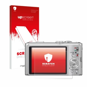 Front side of a product packaging with the brand logo upscreen. Next to it is the device Panasonic Lumix DMC-TZ10 shown with t