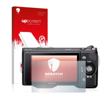 Front side of a product packaging with the brand logo upscreen. Next to it is the device Sony Alpha NEX-5 shown with the corre