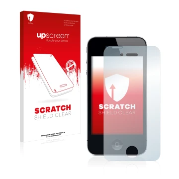 Front side of a product packaging with the brand logo upscreen. Next to it is the device Apple iPhone 4 shown with the corresp