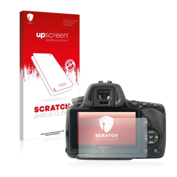 Front side of a product packaging with the brand logo upscreen. Next to it is the device Sony Alpha 55 (SLT-A55V) shown with t