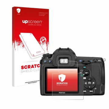 Front side of a product packaging with the brand logo upscreen. Next to it is the device Pentax K5, K-5 shown with the corresp
