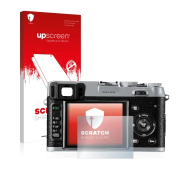 Front side of a product packaging with the brand logo upscreen. Next to it is the device Fujifilm FinePix X100 shown with the 