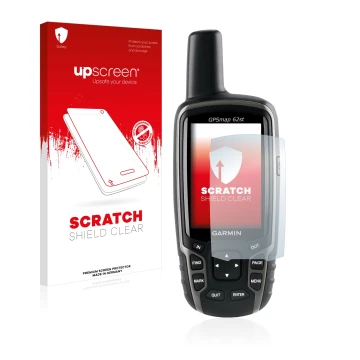 Front side of a product packaging with the brand logo upscreen. Next to it is the device Garmin GPSMAP 62st shown with the cor