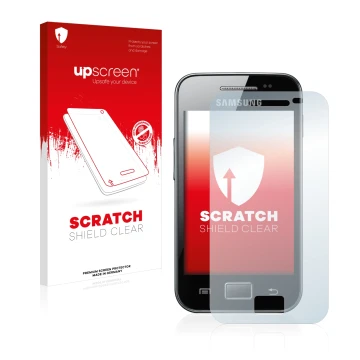 Front side of a product packaging with the brand logo upscreen. Next to it is the device Samsung Galaxy Ace S5830 shown with t