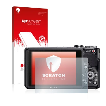 Front side of a product packaging with the brand logo upscreen. Next to it is the device Sony Cyber-Shot DSC-HX9V shown with t