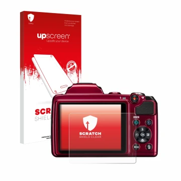 Front side of a product packaging with the brand logo upscreen. Next to it is the device Nikon Coolpix L120 shown with the cor