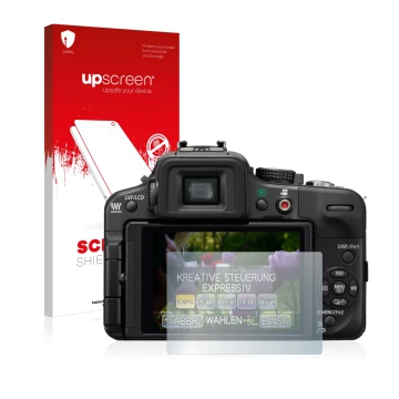 Front side of a product packaging with the brand logo upscreen. Next to it is the device Panasonic Lumix DMC-G3 shown with the