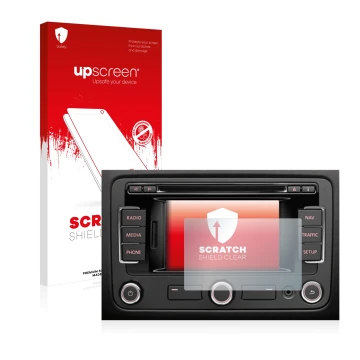 Front side of a product packaging with the brand logo upscreen. Next to it is the device Volkswagen Passat B7 2010-2015 RNS 31