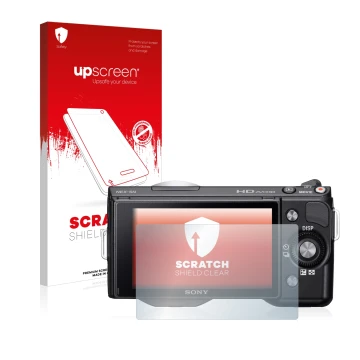 Front side of a product packaging with the brand logo upscreen. Next to it is the device Sony Alpha NEX-5N shown with the corr