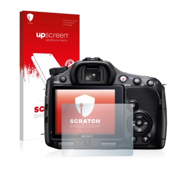 Front side of a product packaging with the brand logo upscreen. Next to it is the device Sony Alpha 65V (SLT-A65V) shown with 