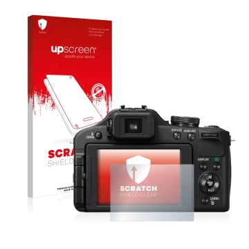 Front side of a product packaging with the brand logo upscreen. Next to it is the device Panasonic Lumix DMC-FZ150 shown with 